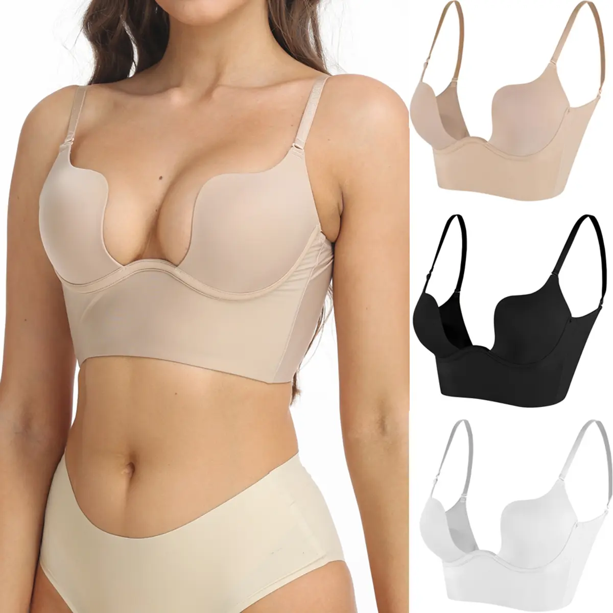 Low Back Bras for Women-Invisible Backless Bra- Secret Plunge Bra No Show Multiway Bras Deep U Plunge Halter Underwire Convertible Push up Halter Bra with Clear Straps