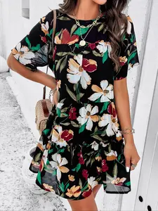 Summer Casual Holiday Floral Printed Short Sleeve Slim Dress, Lightweight Breathable Fabric for Comfortable Wear, Perfect for Vacation and Daily Outings