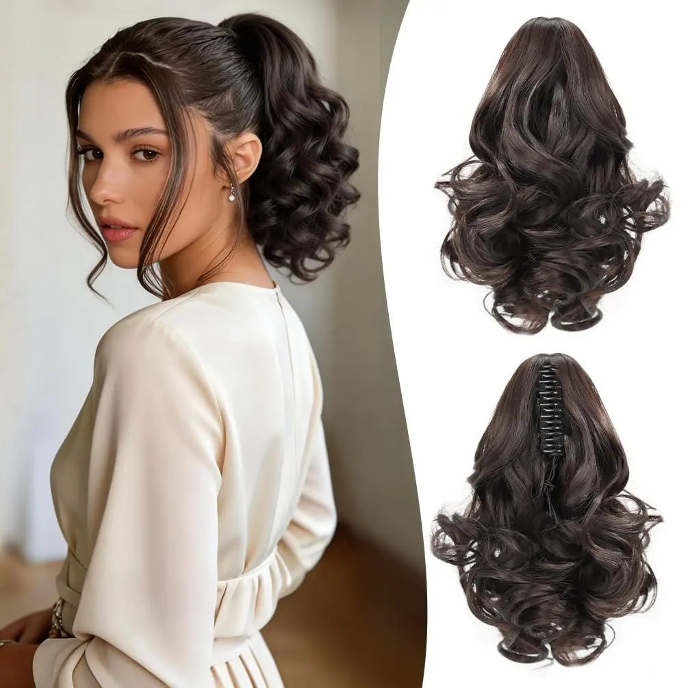 12 Inch Claw Clip Ponytail Extension, Short Classic Curly Wavy Synthetic Jaw Clip Hairpiece for Women Girls Natural Look