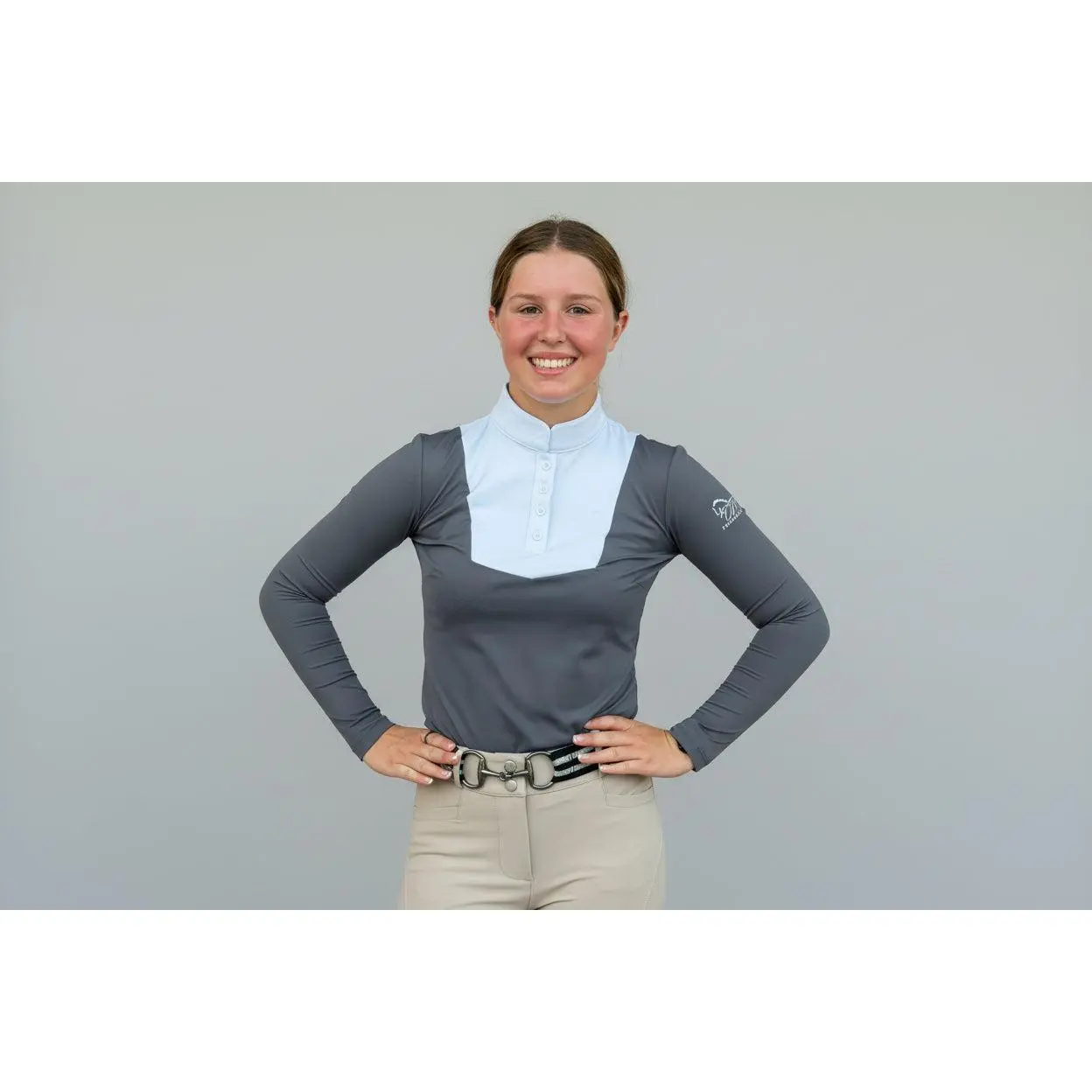 Dark Grey and white Equestrian two tone long sleeve show shirt with logo on sleeve