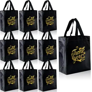 10 Pack Bulk Pack Laser Non-Woven Gift Bags 20x25x10cm, Elegant Gold Foil Thank You Design, Reusable Wedding & Party Favor Bags