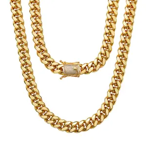 6-14mm Zircon Titanium Steel Necklace Men's Gold Stainless Steel Cuban Chain Hip Hop Style Ideal for Parties & Gifts (16-30 Inch)