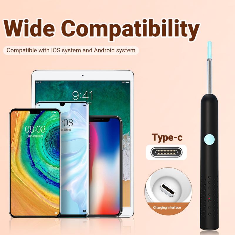 Smart 1080P HD Ear Camera Kit 9 Piece Set for iPhone & Androidh 6-9 Soft Silicone Spoons Rechargeable Battery Black Safe Wax Removal Tool with Crystal Clear View