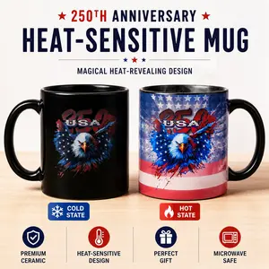 Patriotic Color Changing Coffee Mug 15oz – USA 250 Heat Reveal Magic Mug, American Bald Eagle Flag Design, 4th of July America 250th Anniversary Gift Washable