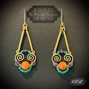 Brandy Frazier Handmade Beaded Wire Wrapped Earrings in caramel aventurine & fire polished Czech Glass Beads Hypoallergenic Jewelry 2.5" Length