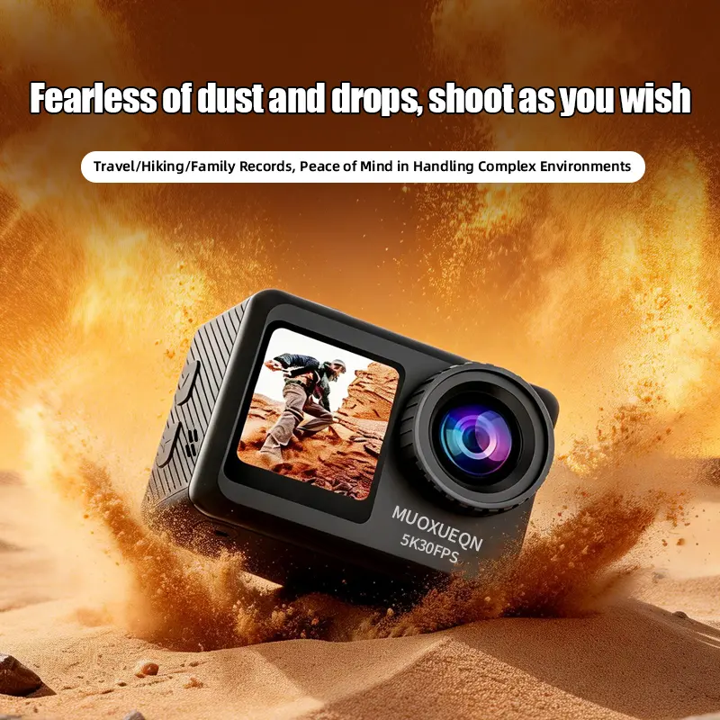 MUOXUEQN 5K Ultra HD Action Camera, 50MP WiFi Waterproof Camera with 6-Axis EIS Stabilization, Dual Touch Screens, 130° Wide Angle, 128G for Cycling, Diving