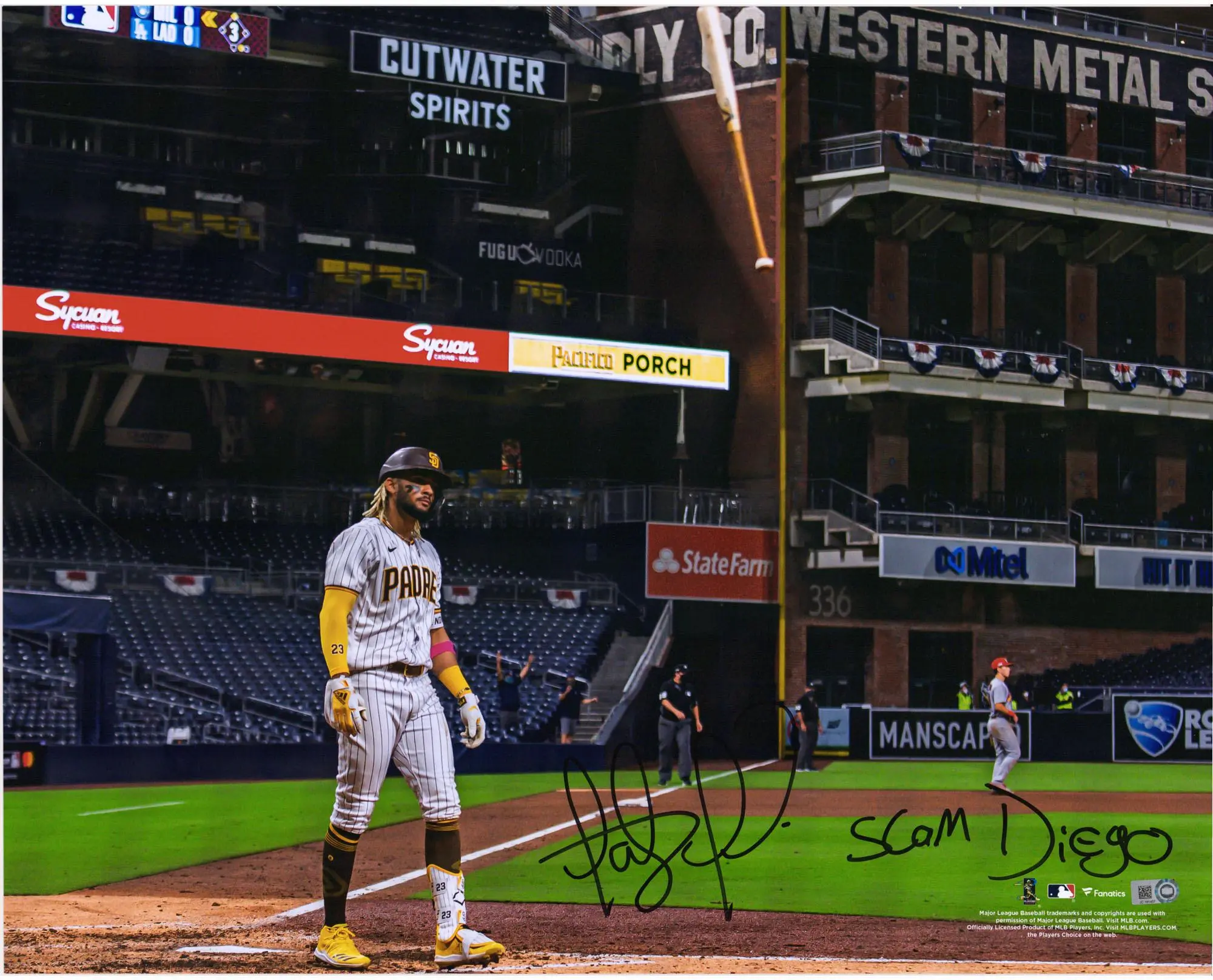 Fernando Tatis Jr. San Diego Padres Autographed 16" x 20" Bat Flip Photograph with "Slam Diego" Inscription - Fanatics Authentic Certified