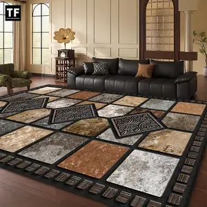 Marble Tile Pattern Luxury Velvet Carpet, Non-Slip Plastic Backing - Soft Comfortable Indoor & Outdoor Mat for Living Room, Bedroom & Entrance, Warm Cozy Ambiance