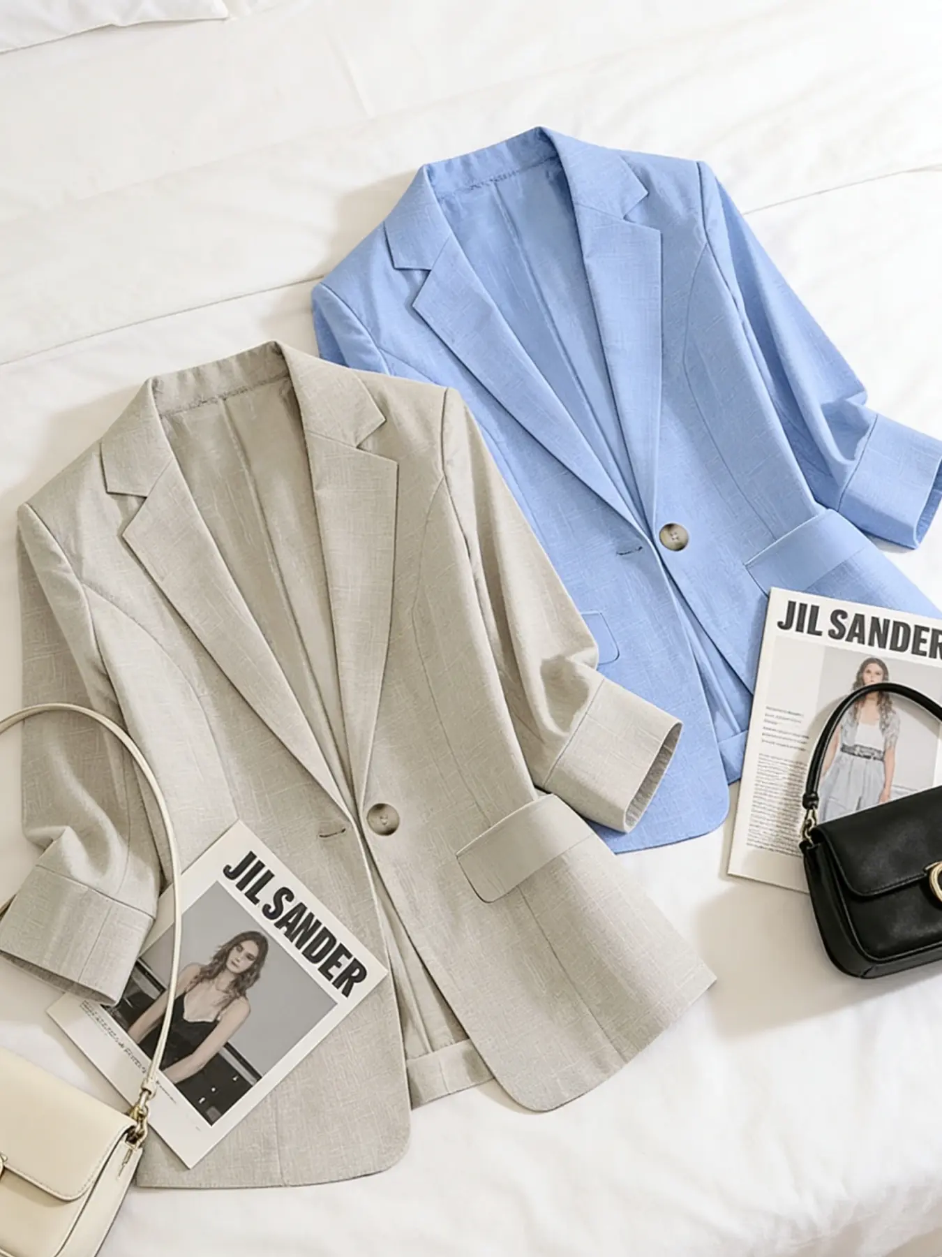 Women's two-piece Matching plain color single-breasted double-pocket half-sleeve five-point suit jacket, suitable for spring and summer suitable for commuting outfit Corporate Outfits Women