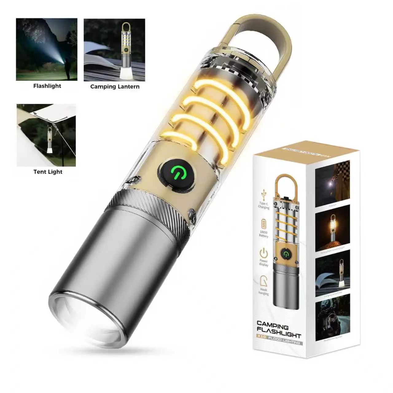 Rechargeable LED Flashlight with 360° Camping Lantern – Super Bright, Long Range Flashlight for Camping, Hiking, Emergencies, Outdoor Adventures, Home