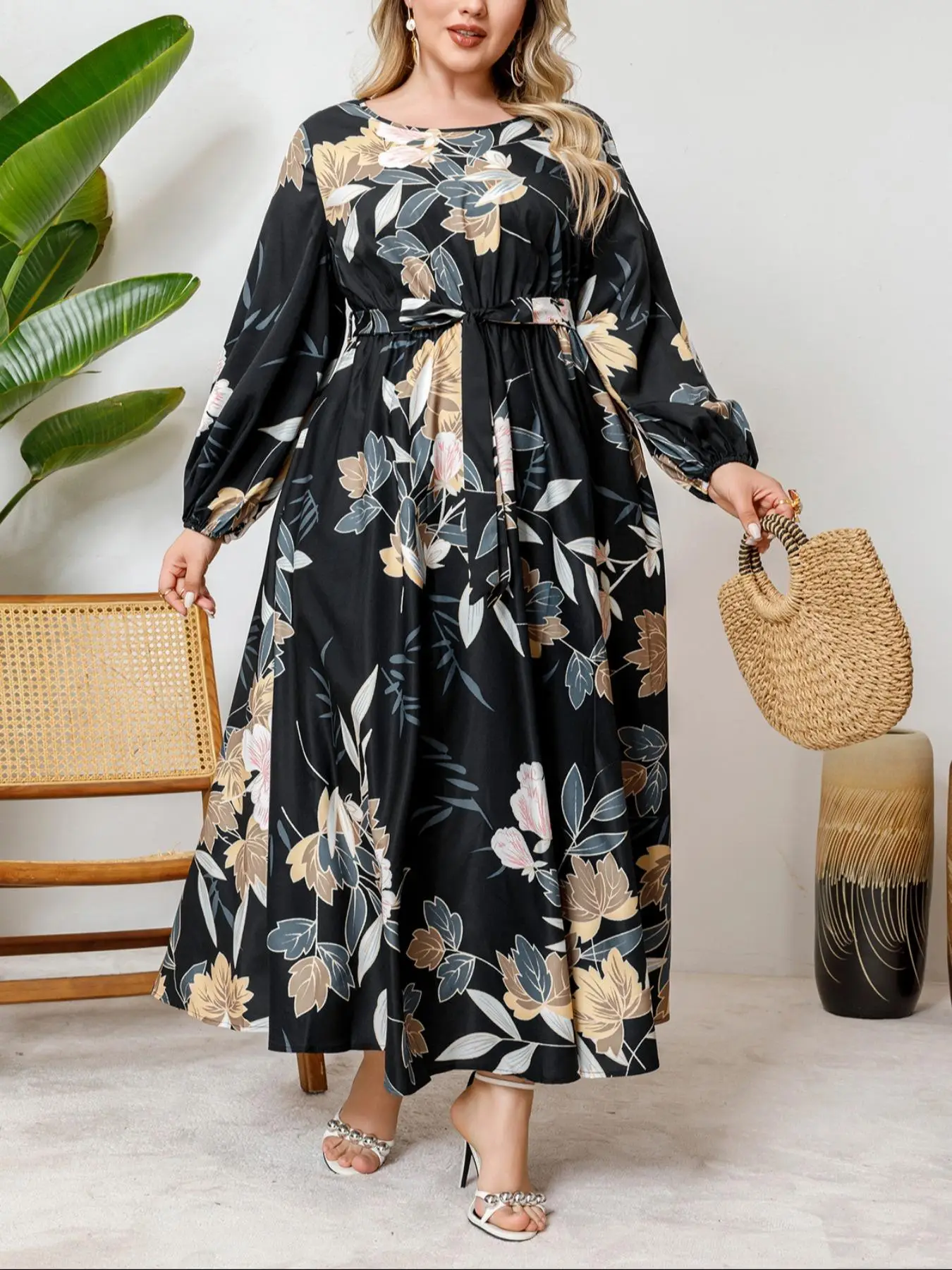 【Plus Size】 Floral Print Belted A Line Dress, Elegant Bishop Sleeve Round Neck Long Sleeve Dress for Spring & Fall, Women's Clothes for Daily Wear, Pl