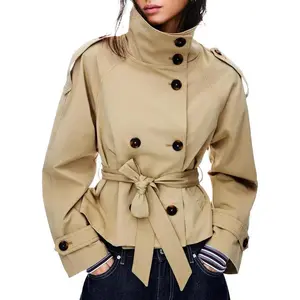 Women’s Cropped Trench Coat Double-Breasted Short Jacket High Collar Fall Winter Coats Trendy Outfit with Belt