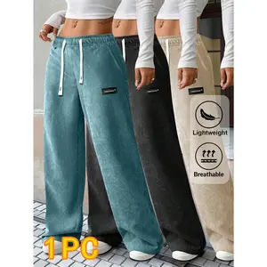 Women's Corduroy Drawstring Waist Pants, Dual Side & Buttock Pockets, Solid Color Versatile, Suitable For Casual Daily Wear And Outdoor Sports
