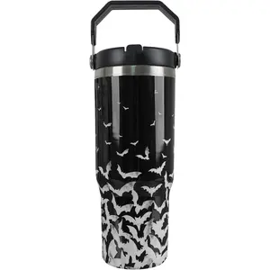 30oz Gothic Halloween Insulated Tumbler - Double Wall Thermal, Leakproof Stainless Steel Water Bottle Flask, Wide Mouth with Handle, Lid, Straw, Bat & Witch Prints, Portable Reusable Travel Coffee Mug, Gift for Women, Flask Bottle