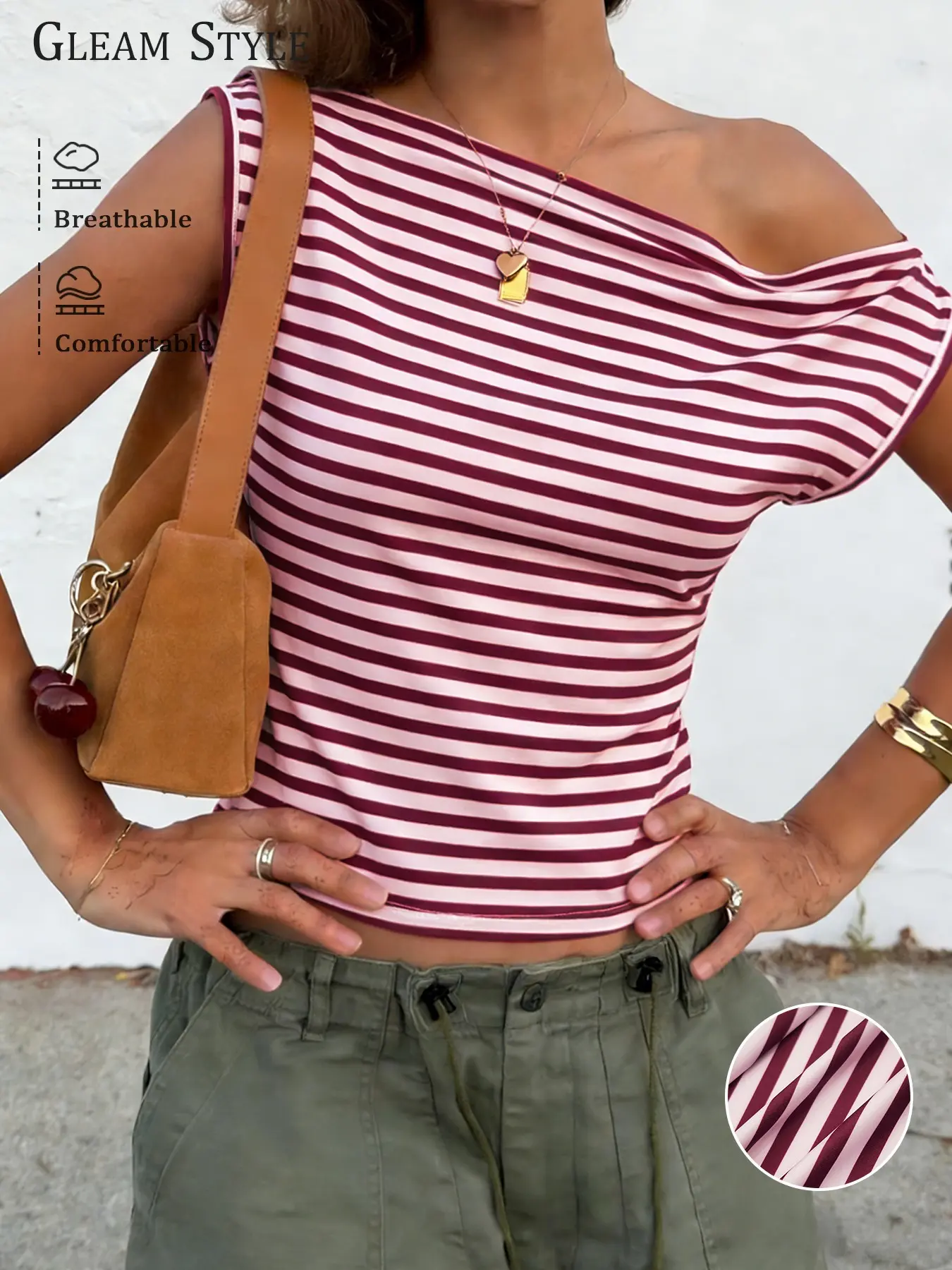 2026 New European and American Style Casual Asymmetric Shoulder, Asymmetric Design Summer Women's Top, Blouse, Striped, Wine and Block, Simple and Fashionable, Breathable