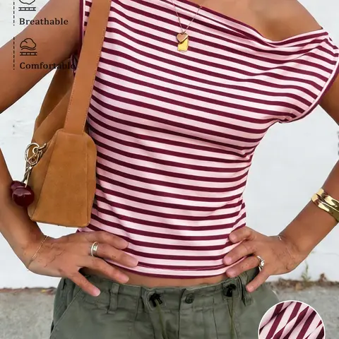 2026 New European and American Style Casual Asymmetric Shoulder, Asymmetric Design Summer Women's Top, Blouse, Striped, Wine and Block, Simple and Fashionable, Breathable