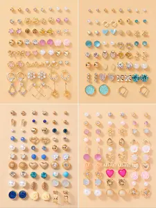 30 Pairs/set Women's Elegant Rhinestone Decorated Stud Earrings, Fashionable Alphabet Design, Butterfly, Leaf, Rose & Water Drop Shaped Stud Earrings, Daily & Party Accessories