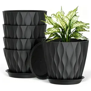 6 Inch Plant Pots, 5 Pack Indoor Flower Pots, Planters with Drainage Holes and Trays for Orchids, Violets, Succulents, Herbs, and Other Plants, Black