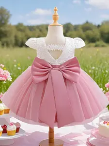 Toddler Girl's Solid Color Bow Decor Satin Sweater Dress, Elegant Fashion Casual Cake Dress for Party Holiday Wedding Guest, Kids Clothing for All Seasons