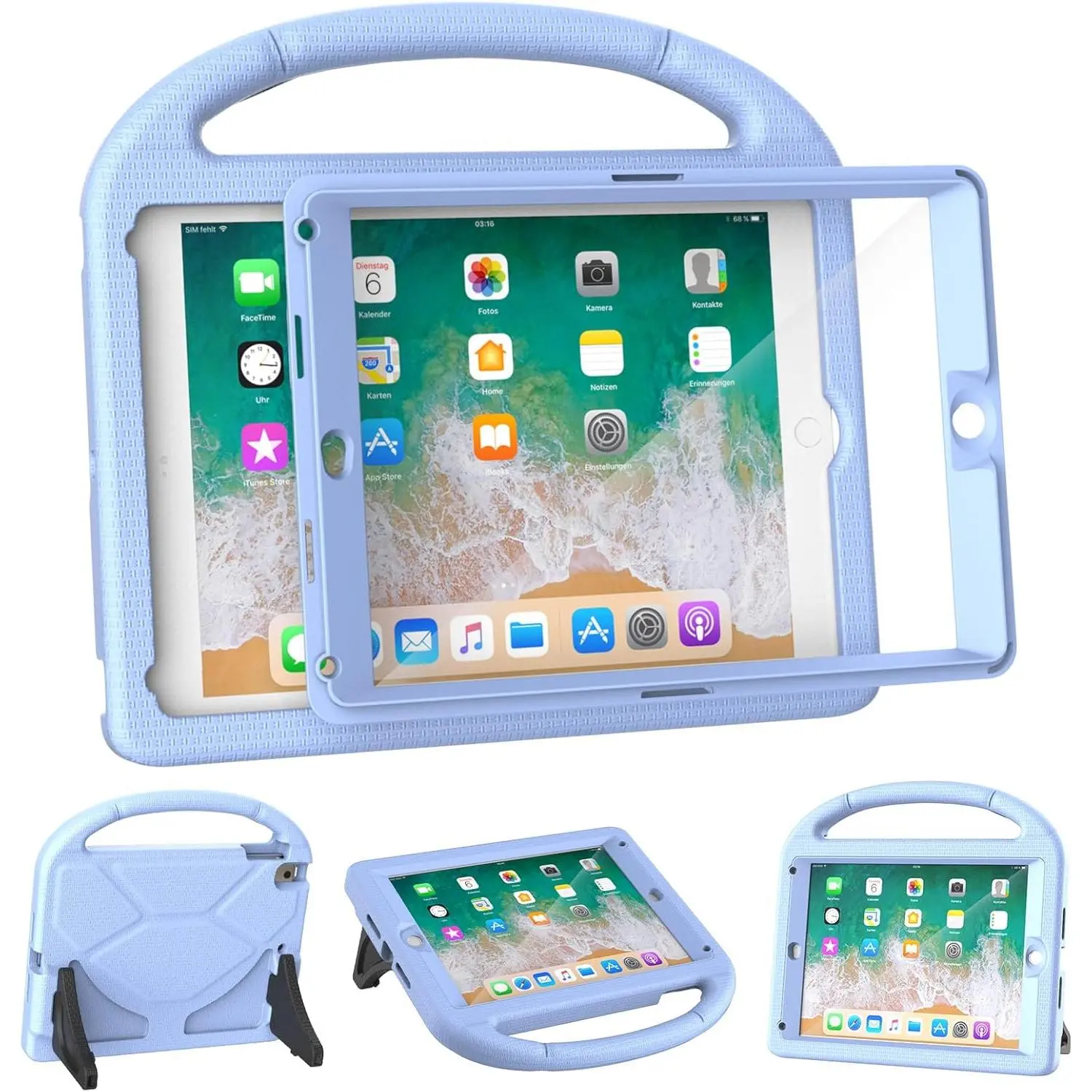 Modern Shockproof EVA Protective Tablet Case with Handle, Kickstand & Built-in Screen Protector for iPad 6th/5th Gen (9.7 in, 2018/2017), Air 2/1, Pro 9.7 - Durable Cover with Painting Accessories, Light Blue