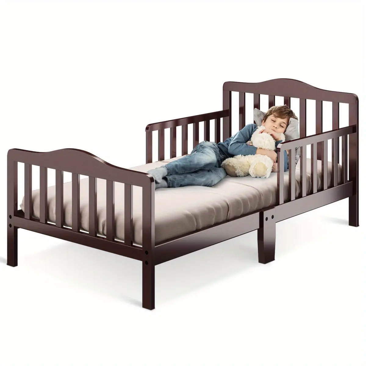Classic Toddler Bed Frame with Guardrails, Wooden Kids Indoor Bedroom Furniture, 23lb, 50lb Weight Capacity, 53x29x24.5" Dimensions, Includes Manual, Toddler Bed With Guardrails, Rectangular