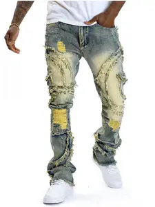 2025 New Men Ripped Stacked Jeans Distressed Slim Fit Skinny Straight Leg Jeans Fashion Hip Hop Denim Pants Casual Streetwear