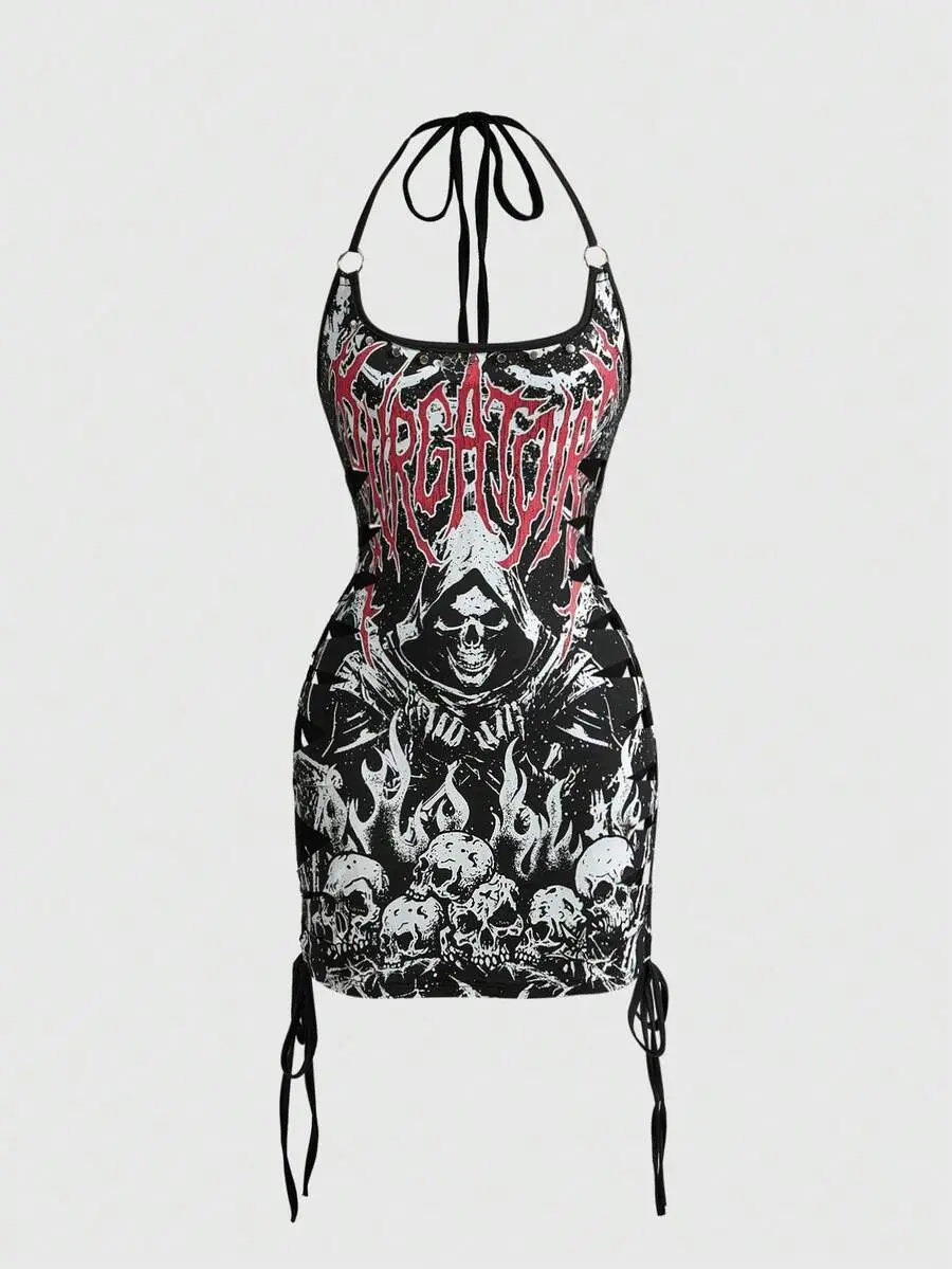 IYUNA Gothic Tie-Dye Hollow Skull Print Contrast Color Halter Bodycon Mini Dress