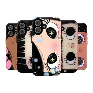 Dreamy Big Eyes Comic Girl Double Layer Phone Case, Collage Retro Art Style Tough Phone Case for iPhone 17, 16, 15, 14, 13, 12 Pro Max Plus