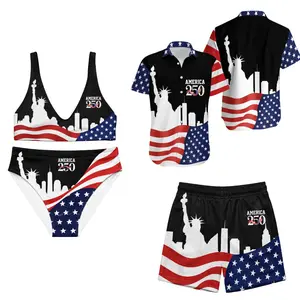 America 250 Matching Couple Swimwear 4th of July, Statue of Liberty NYC Skyline Patriotic Bikini Board Shorts Set, Perfect Gift for Couples