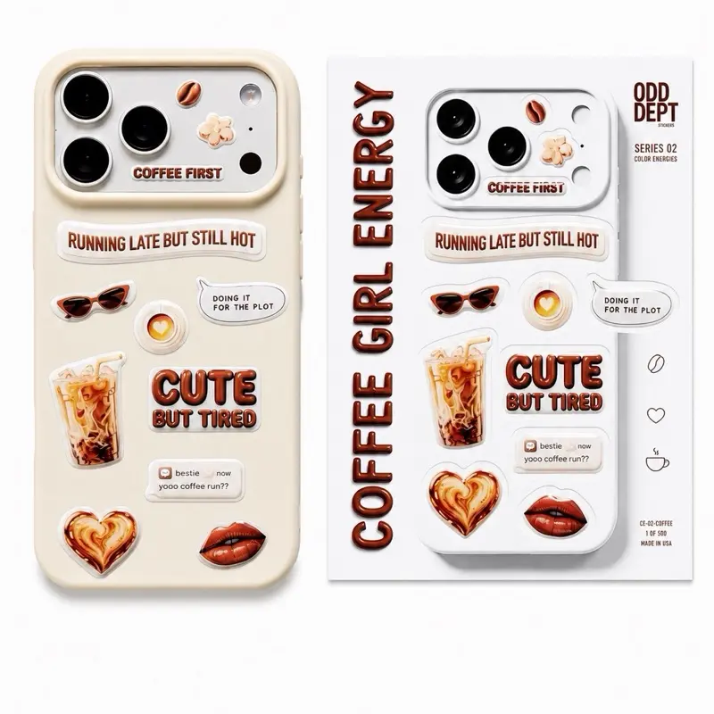 Coffee Girl Energy 3D Phone Sticker Pack – Cute Glossy Stickers for iPhone, Kindle, Laptop & Water Bottle (12 PCS)