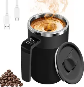 Rechargeable Automatic Stirring Coffee Mug with Temperature Display, 13.5oz Self-Stirring Mug with Lid, Stainless Steel Material Suitable for Coffee, Milk, and Other Beverages (Black)