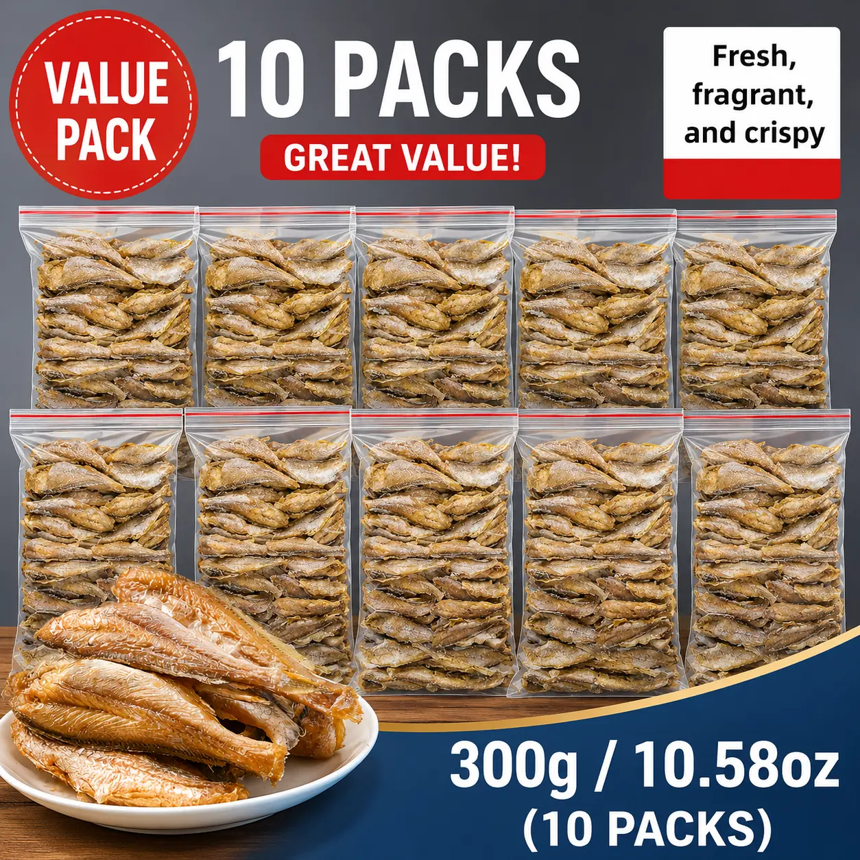 Crispy Yellow Croaker Fish Snacks, Original Flavor, 10.58 oz (10 Packs, 300g Total), 30g per Pack, Protective Packaging, Large Value Pack, Ready to Eat, Popular Crunchy Seafood Snack, Trendy Asian Snack Food