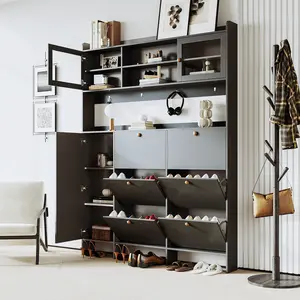 Multifunctional Shoe Cabinet with 6 Flip Drawers & Glass Doors - Large Entryway Storage Organizer, Holds 25-30 Pairs, Modern Hall Tree with Hooks for Entryway, Living Room