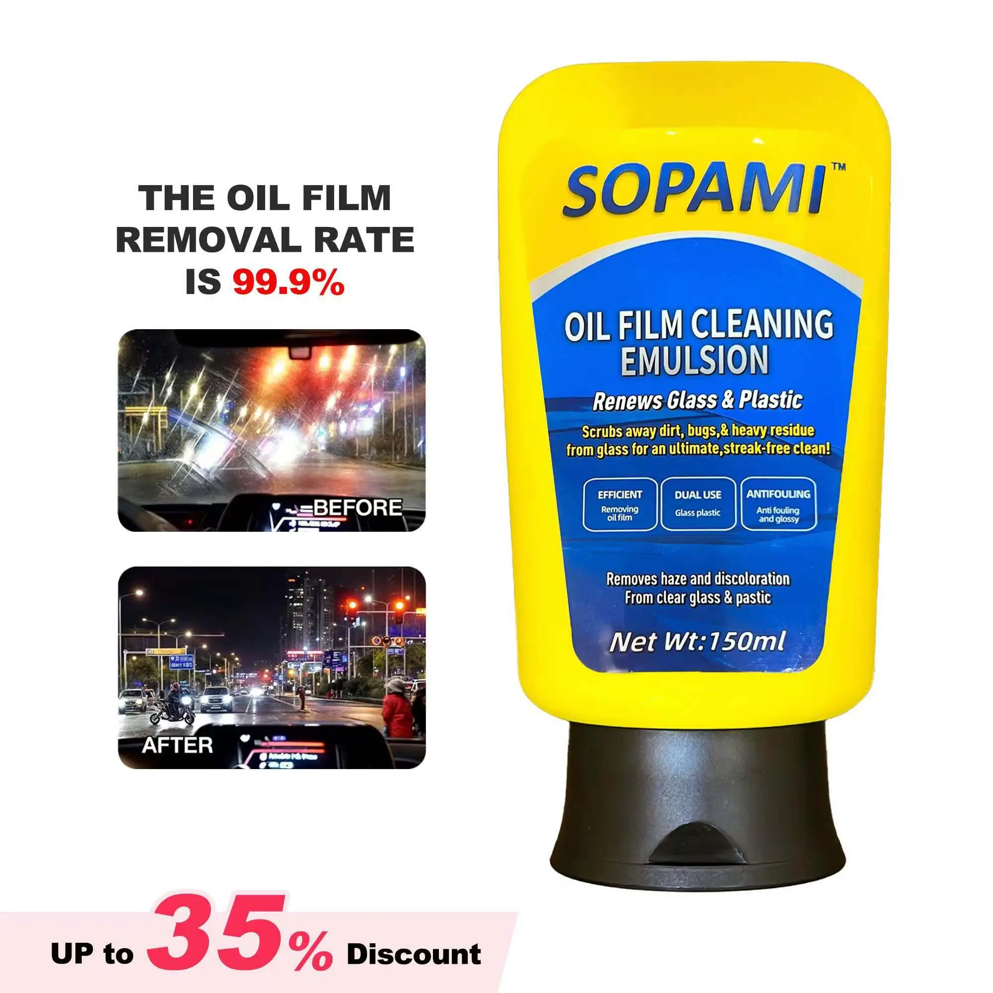SOPAMI Car Oil Film Cleaning, Glass Decontamination Without Traces, Window Oil Film Cleaning, Fast Cleaning, Compact And Easy To Carry