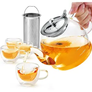 Set - 1200ml Glass Teapot with Removable Stainless Steel Infuser, and 4 Glass Teacups, Stovetop Safe  Kettle  Set, Blooming and Loose Leaf  Maker Set