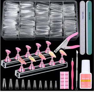 600PCS Clear Coffin Nail Tips Set Qinzave Clear Acrylic Nail Tips with Nail Glue Coffin Nails Full Cover with Nail Display Stand, Cuticle Nail Pusher Remover, Nail Files Buffer