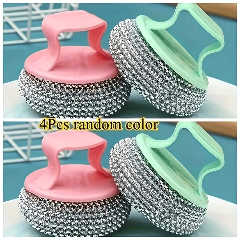 4pcs Kitchen Cleaning Ball Set, Non-Stick Cookware Scrubbers with Handles, Household Nano-Steel Wire Sponges, Detachable & Washable, Sheds No Residue & Won't Scratch Pots, Colors Randomly Selected, 4 Cleaning Balls + 4 Ball Brushes (Random Color)