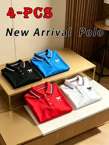 4-Pack Bestselling T-Shirts Polo Shirts Top, Unisex Short Sleeve, Breathable Quick-Dry, Summer Casual Fashion, Solid Color Horse Print, Contrast Neck, Gift Choice