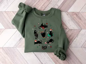 Black Cat Christmas Sweatshirt, Cute Holiday Cat Lover Gift, Funny Cat Mom Christmas Crewneck, Cozy Winter Sweater