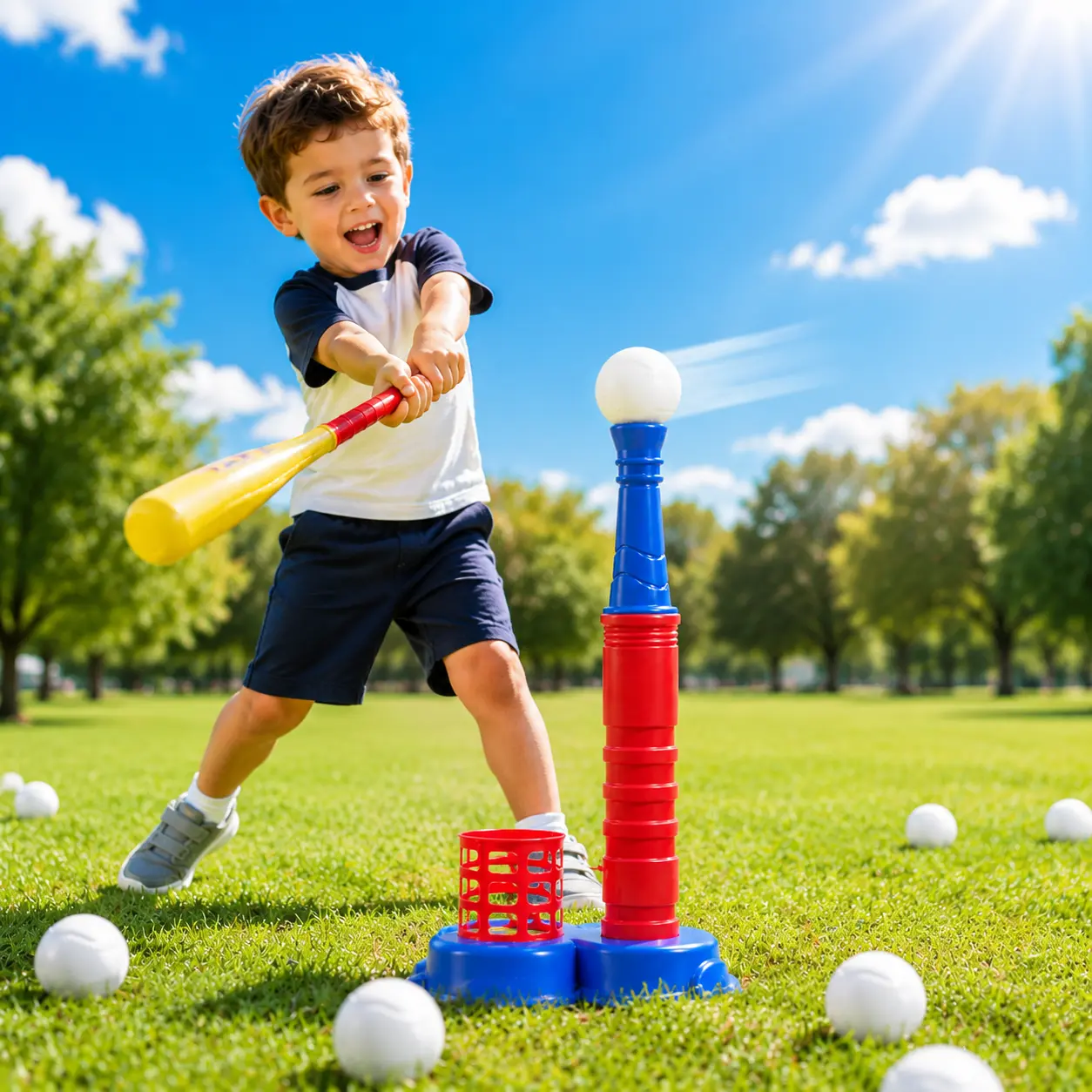 Kids Unisex 2-in-1 Design T-Ball & Baseball Set, Interactive Step-On Pitching Machine with Batting Tee, 10 Balls Included, Sports Toy for Young Athletes Outdoor Play