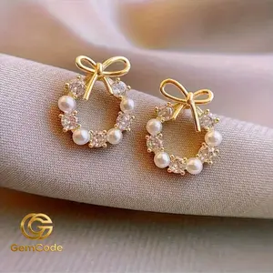 Elegant Pearl Bow Stud Earrings for Women, Cute Coquette Zircon Rhinestone Ear Jewelry, Trendy Aesthetic Minimalist Accessories for Daily Party Dress up, Exquisite Birthday Gift Ideas for Girl, Shiny Dainty Copper Earring 1Pair