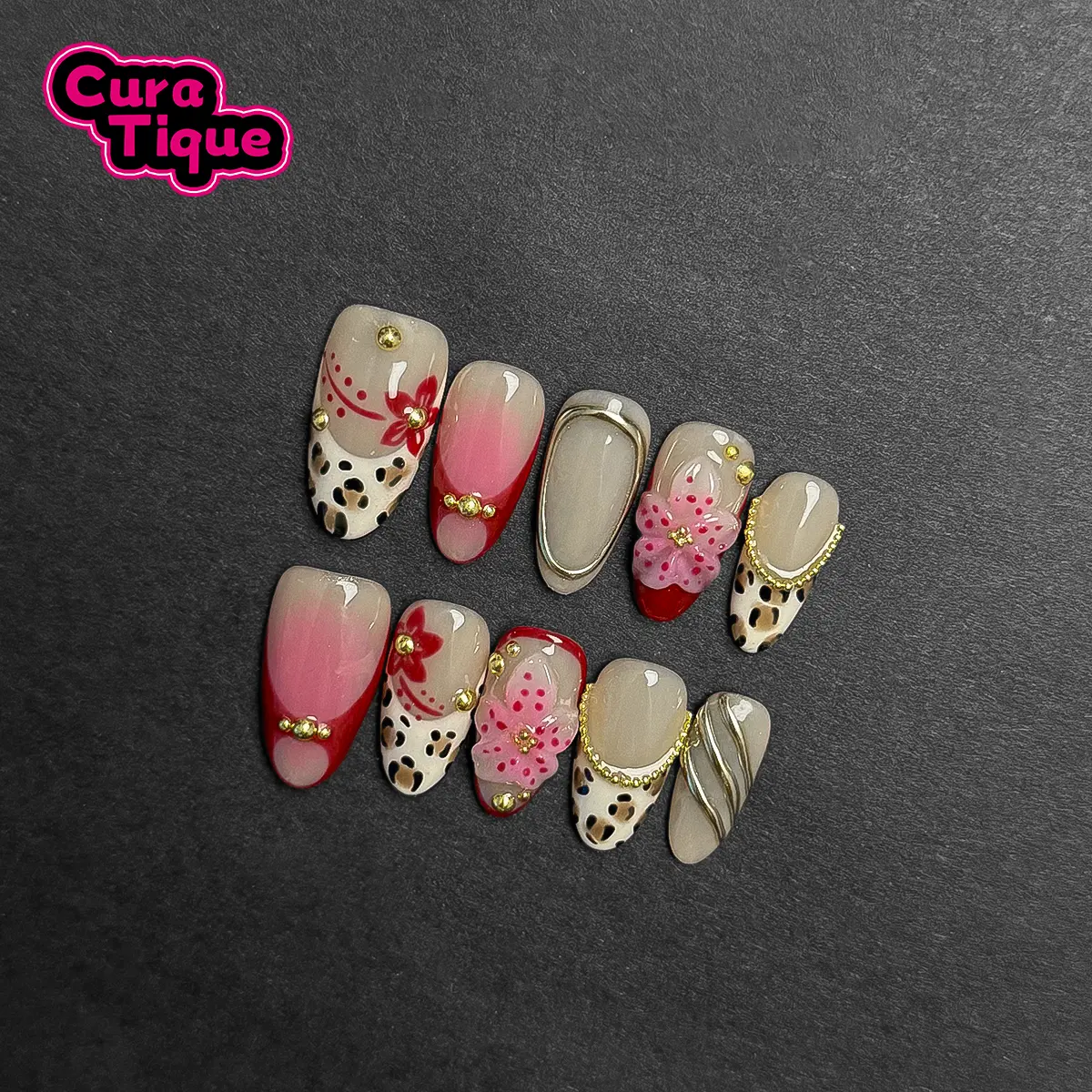 CuraTique Amber Rouge XR Handmade 3D Gel Press On Nails - 10PCS Multi-Pack, Reusable Nail Supplies for 2026 Spring Prom