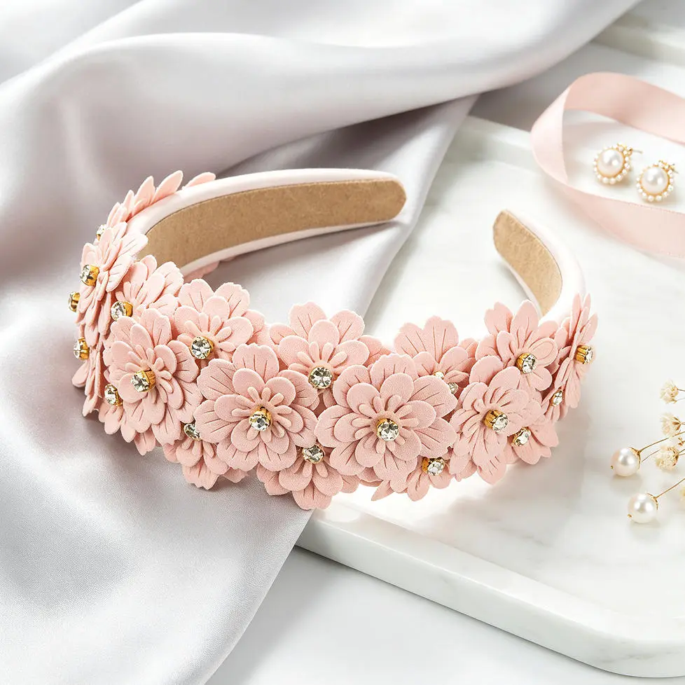 Fairy Core 3D Floral Headband for Girls, Pink Flower Crown with Rhinestone Sparkles for Birthday Parties, Floral Print, 3D Flower Crown, Leather Band, Engagement, Anniversary, Aesthetic Fairy Core, Auspicious, Casual, Party Ready, Daily, Decorating Outfit