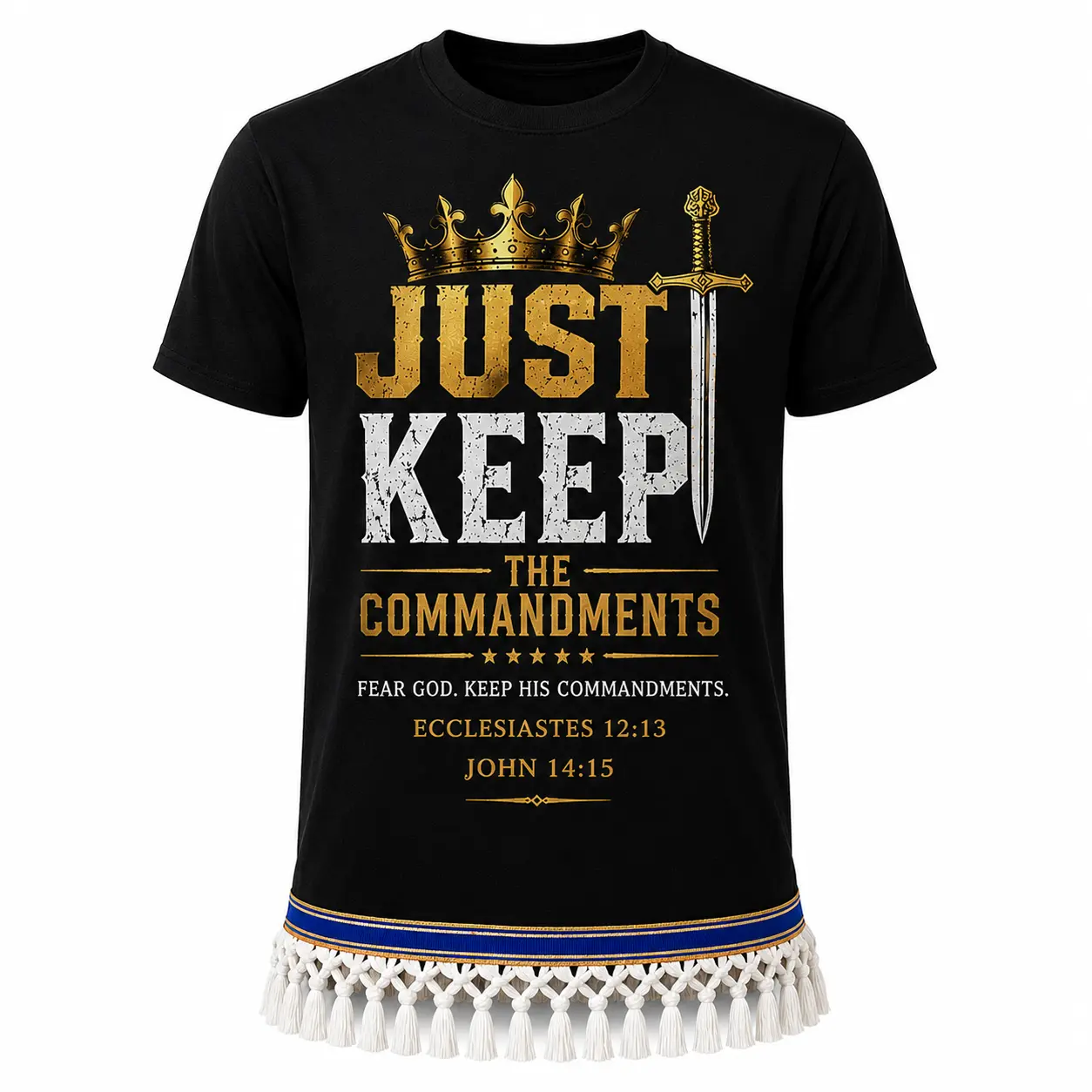 Black Just Keep the Commandments Shirt with Fringes & Ribbon of Blue | John 14:15 | Ecclesiastes 12:13 | Men's Faith-Based T-Shirt | Hebrew Heritage Apparel