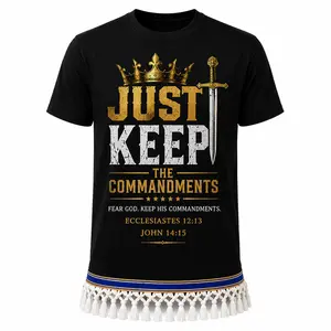 Black Just Keep the Commandments Shirt with Fringes & Ribbon of Blue | John 14:15 | Ecclesiastes 12:13 | Men's Faith-Based T-Shirt | Hebrew Heritage Apparel