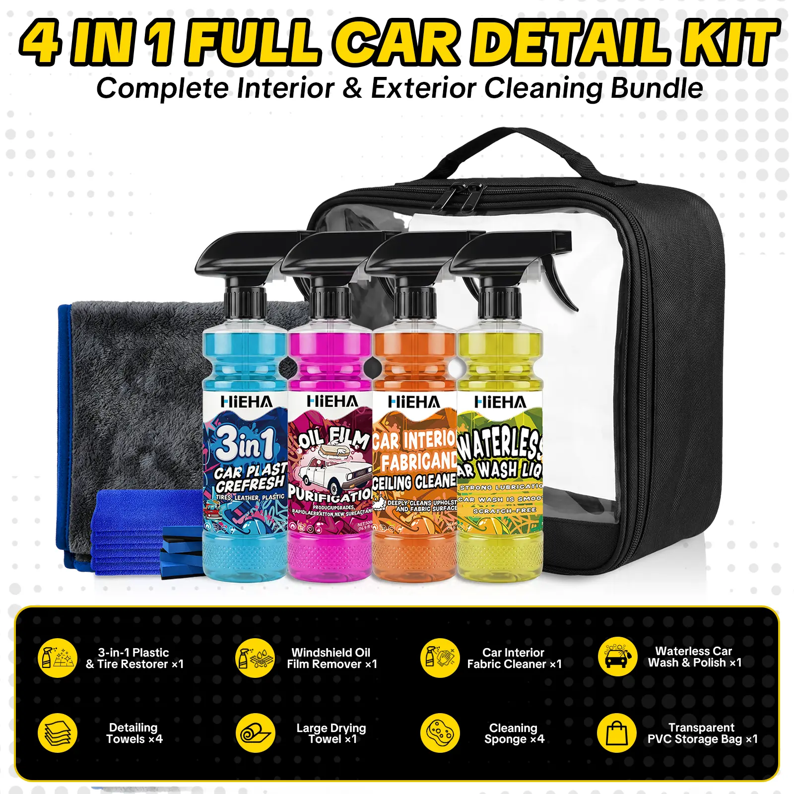 HiEHA All-in-One Car Detailing Kit, Portable Waterless Wash Set with Plastic Tire Restorer, Windshield Oil Film Remover, Deep Interior Cleaner, Microfiber Towels, Cleaning Sponges & Storage Bag, Complete Car Care Kit for Interior & Exterior