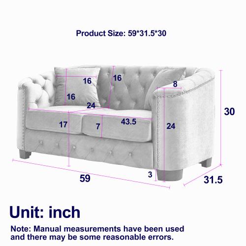 59-Inch Modern Chesterfield Velvet 2-Seater Decorative Sofa - Upholstered Indoor Couch with Tufted Backrests, Nailhead Arms, 2 Cushions for Living Room, Bedroom 59-Inch Modern Chesterfield Velvet 2-Seater Decorative Sofa - Upholstered Indoor Couch with Tufted Backrests, Nailhead Arms, 2 Cushions for Living Room, Bedroom