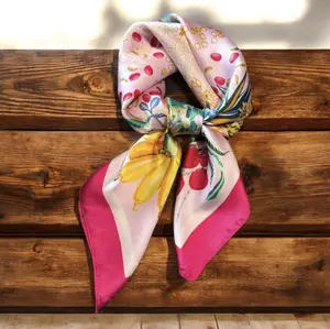 Elegant Printed Scarf with Vibrant Fruit Design Soft Pink Border Faux Silk for Stylish Outfits Versatile Neck Scarf or Accent Piece