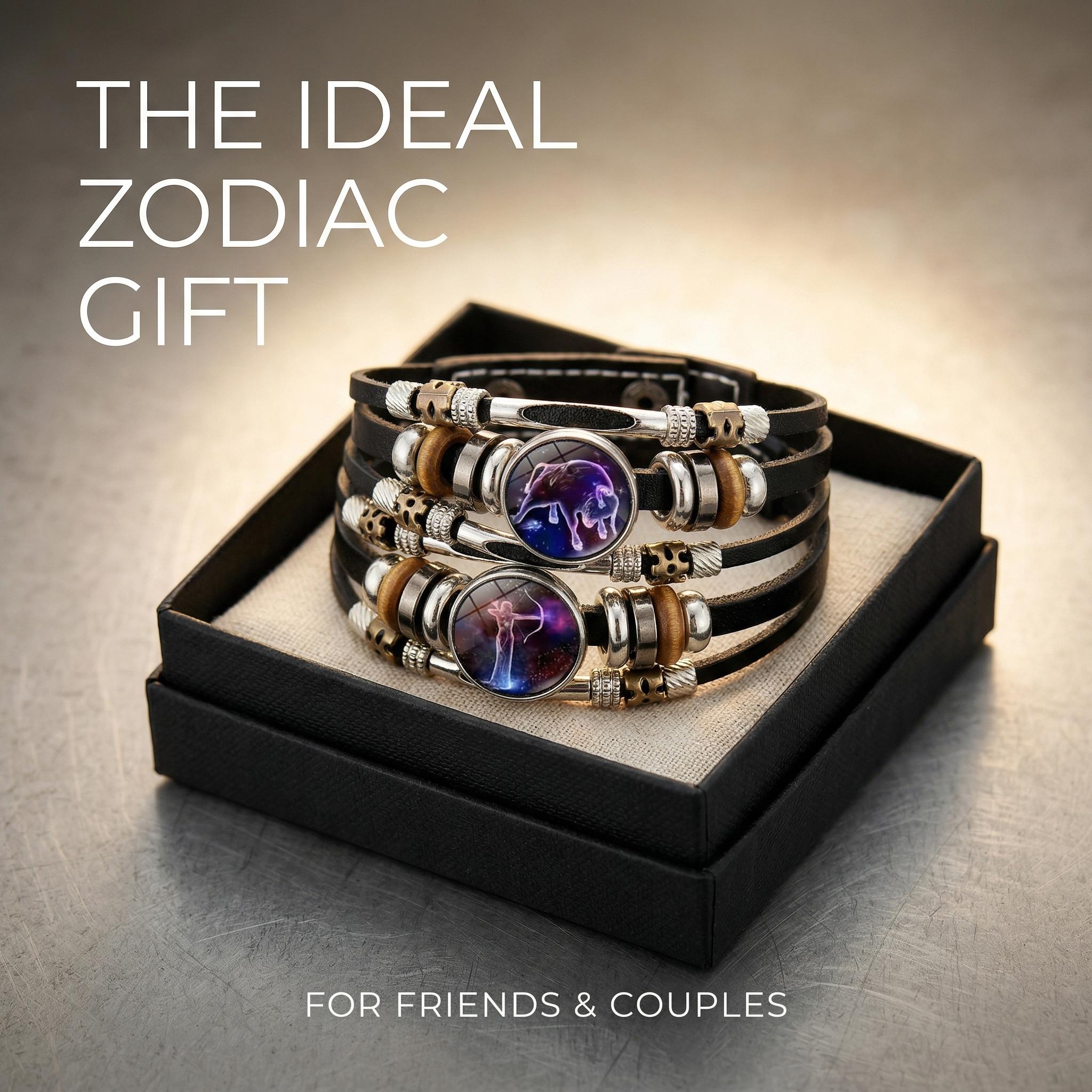 Glow-in-the-Dark 12 Zodiac Signs Leather Bracelet for Women 6.9in/8.1in Fashion Jewelry, Gifts Accessory