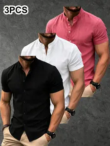 3-Pack Men's Summer Short Sleeve Shirts, Lightweight Breathable Stand Collar Button-Up, Ideal for Beach Pool, Casual Swimwear